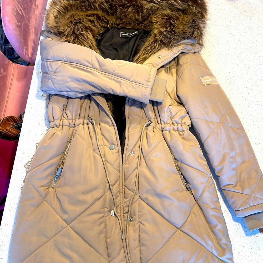 FUR LINED QUILTED COAT Super warm faux fur hooded quilted coat ! Beige